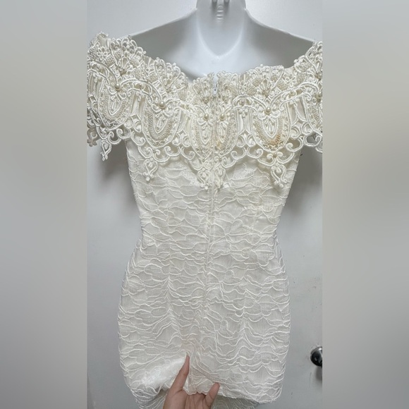 Vintage Jessica McClintock Lace Sheath Wedding Dress Off Shoulder Ivory White - Picture 5 of 12